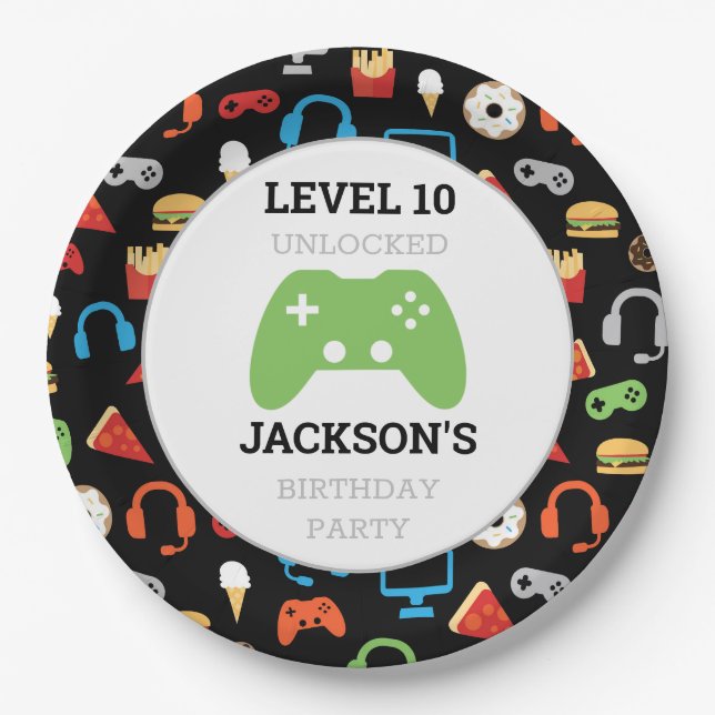 Video Game Party Level Up Kids Birthday Gamer Paper Plate (Front)