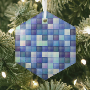 Video Game Pixels Blue Square Pattern Glass Tree Decoration