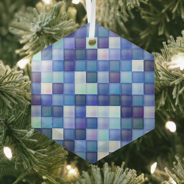 Video Game Pixels Blue Square Pattern Glass Tree Decoration (Insitu)
