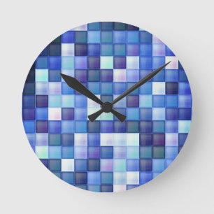 Video Game Pixels Blue Square Pattern Round Clock