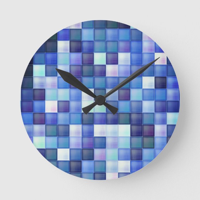 Video Game Pixels Blue Square Pattern Round Clock (Front)