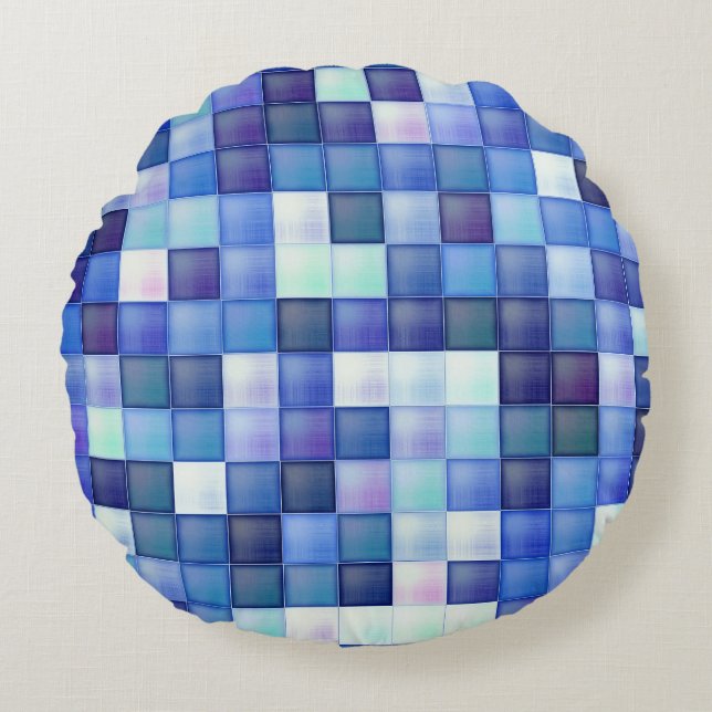 Video Game Pixels Blue Square Pattern Round Cushion (Front)