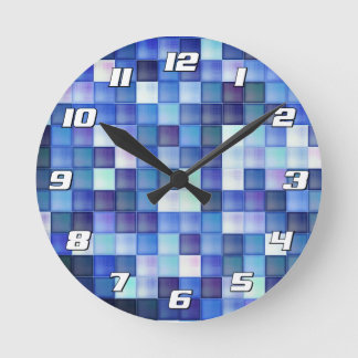 Video Game Pixels Blue Square Pattern with Numbers Round Clock