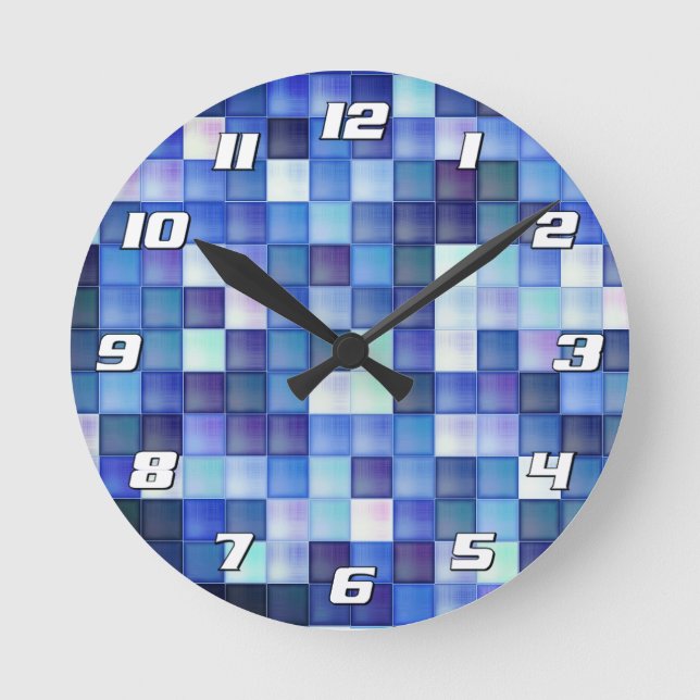 Video Game Pixels Blue Square Pattern with Numbers Round Clock (Front)