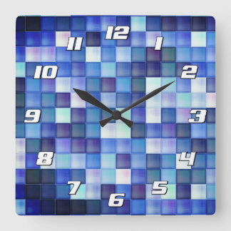 Video Game Pixels Blue Square Pattern with Numbers Wall Clock