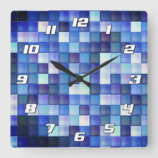 Video Game Pixels Blue Square Pattern with Numbers Wall Clock (Front)