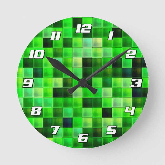 Video Game Pixels Green Square Patter with Numbers Round Clock (Front)