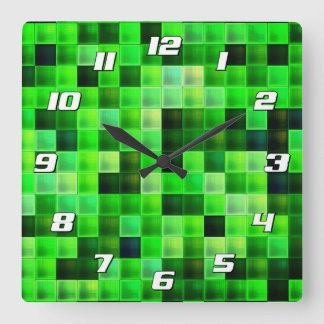 Video Game Pixels Green Square Patter with Numbers Wall Clock