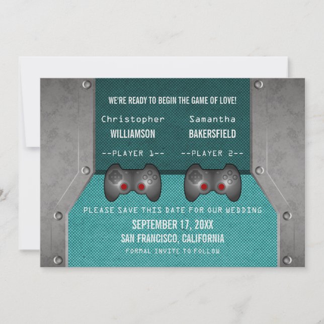 Video Game Save the Date Invite, Teal (Front)