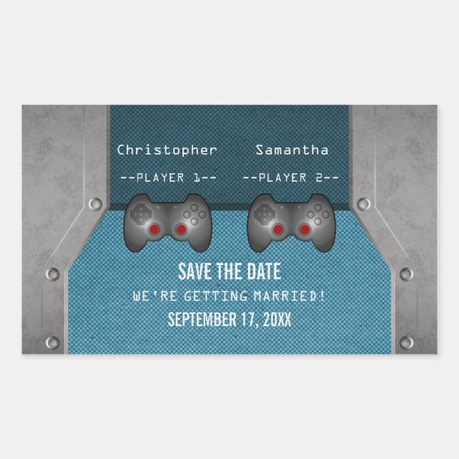 Video Game Save the Date Stickers, Blue Rectangular Sticker (Front)