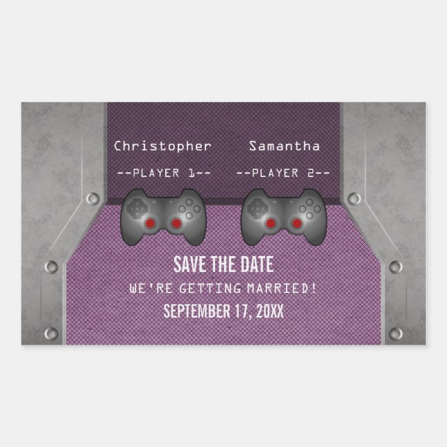 Video Game Save the Date Stickers, Purple Rectangular Sticker (Front)