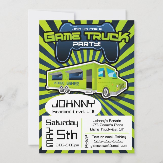 Video Game Truck Birthday Invitation (Front)