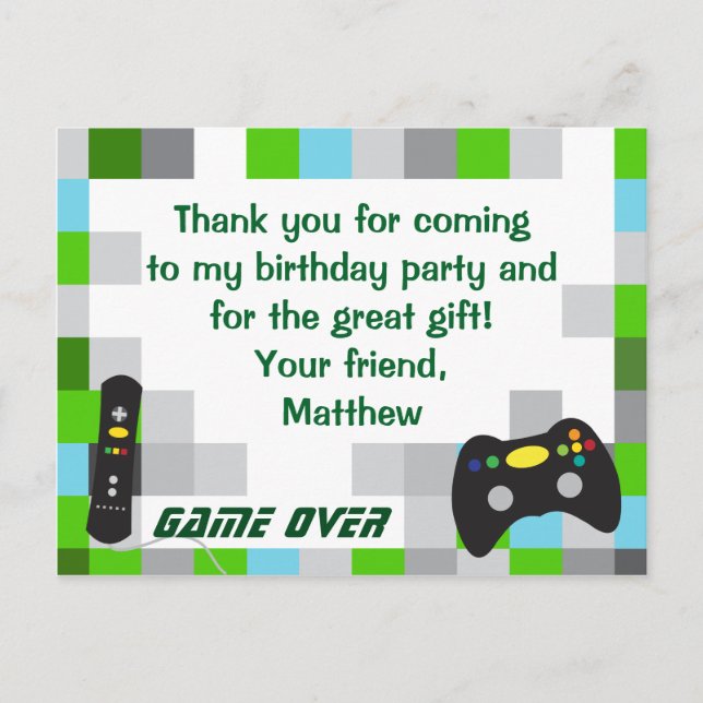 Video Game Truck Birthday Party Thank You Postcard (Front)