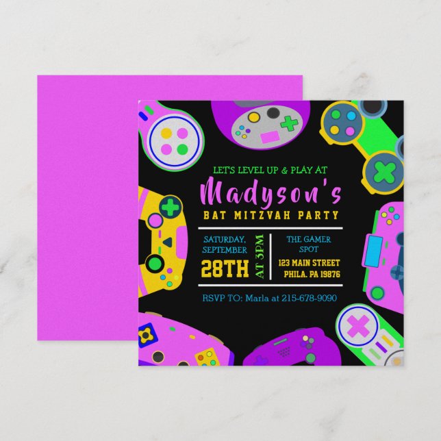 VIDEO GAMER GAMING Girl Bat Mitzvah Evening Party Invitation (Front/Back)