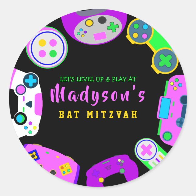 VIDEO GAMER GAMING Girl Bat Mitzvah Party Classic Round Sticker (Front)