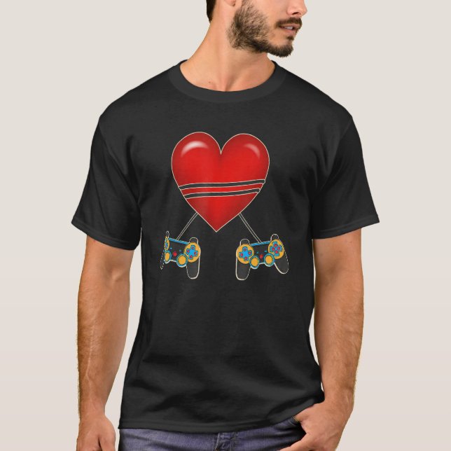 Video Gamer Heart Controllers Valentines Day Love  T-Shirt (Front)