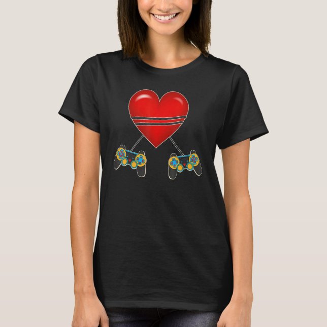 Video Gamer Heart Controllers Valentines Day Love  T-Shirt (Front)