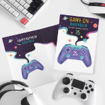 Video Gamer Level Up  Personalised Birthday Age Card<br><div class="desc">We've designed this fun and bright video game theme birthday card. The design features a colourful purple and teal video game controller with the top of the card depicting a virtual game space that included stars planets and other references to a virtual video game concept. Customise with name and age....</div>
