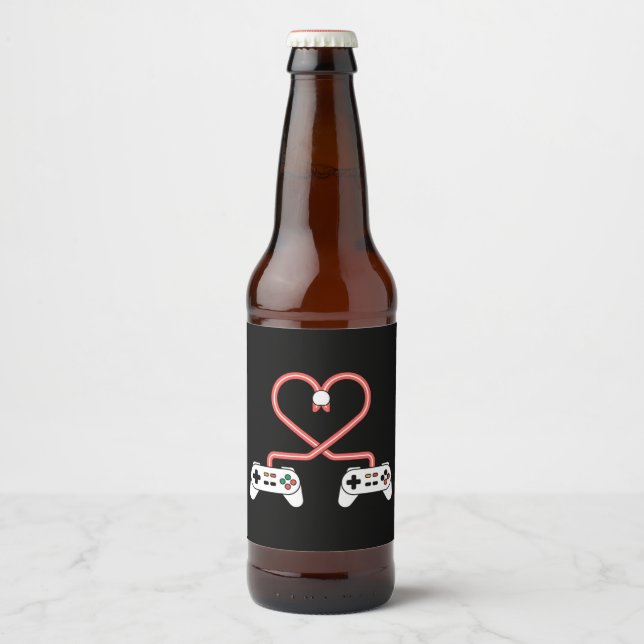 Video Gamer Valentines Day With Controllers Heart  Beer Bottle Label (Front)