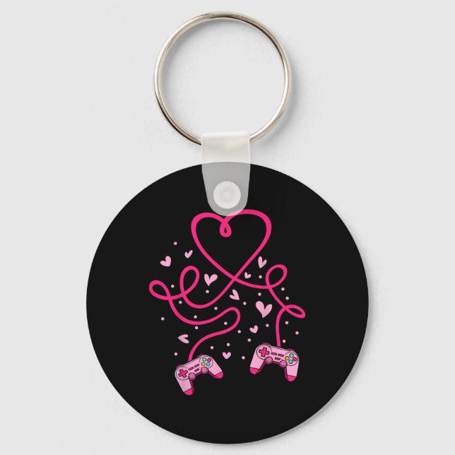 Video Gamer Valentines Day With Controllers Heart  Key Ring (Front)