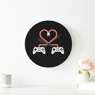 Video Gamer Valentines Day With Controllers Heart  Large Clock