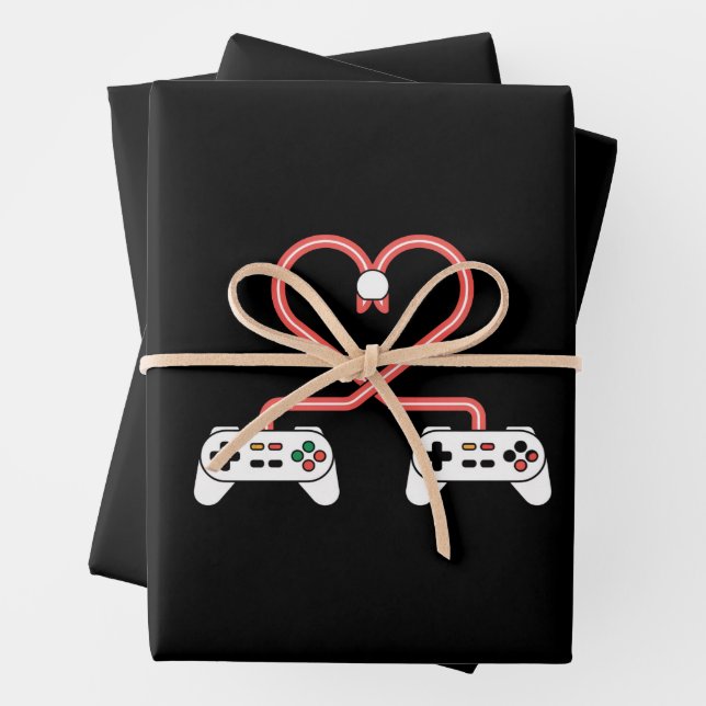 Video Gamer Valentines Day With Controllers Heart  Wrapping Paper Sheet (In situ)