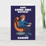 Video Games Anime Gamer Boy Birthday Card<br><div class="desc">Send this Japanese Anime Gamer boy birthday card to your friend or loved one to wish them "anime-zing" Birthday gaming. The gamer boy in this design is also available from my store with blonde, brown, ginger (orange) or blue hair. This design is digitally hand-drawn by Charlotte Rowlands of Cupsie's Creations....</div>