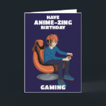 Video Games Anime Gamer Boy Birthday Card<br><div class="desc">Send this Japanese Anime Gamer boy birthday card to your friend or loved one to wish them "anime-zing" Birthday gaming. The gamer boy in this design is also available from my store with blonde, brown, ginger (orange) or blue hair. This design is digitally hand-drawn by Charlotte Rowlands of Cupsie's Creations....</div>