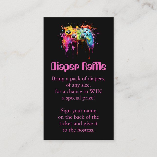 Video Games Pink Baby Shower Diaper Raffle Ticket Enclosure Card (Front)