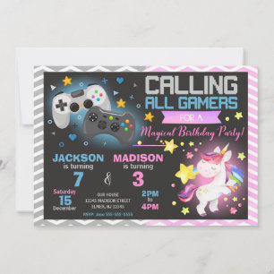 Video Games & Unicorn Joint Birthday Invitation
