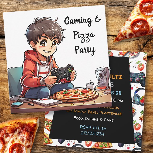 Video Gaming and Pizza Party Boy's Birthday Invitation (Creator Uploaded)