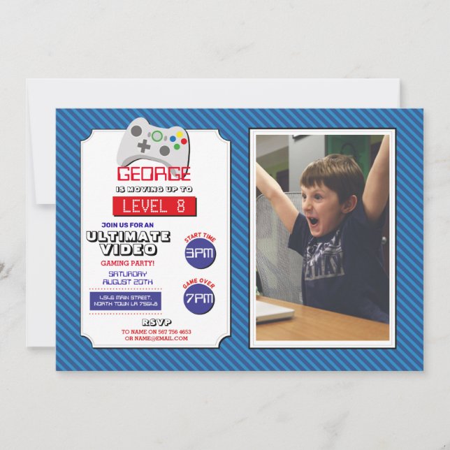 Video Gaming Party Game Blue Red Photo Gaming Invitation (Front)