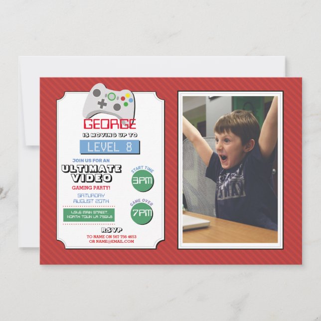 Video Gaming Party Game Red Photo Boys Gaming Invitation (Front)