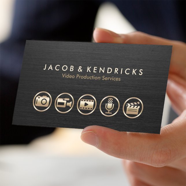 Video Production Services Gold Icons Black Metal Business Card (Creator Uploaded)