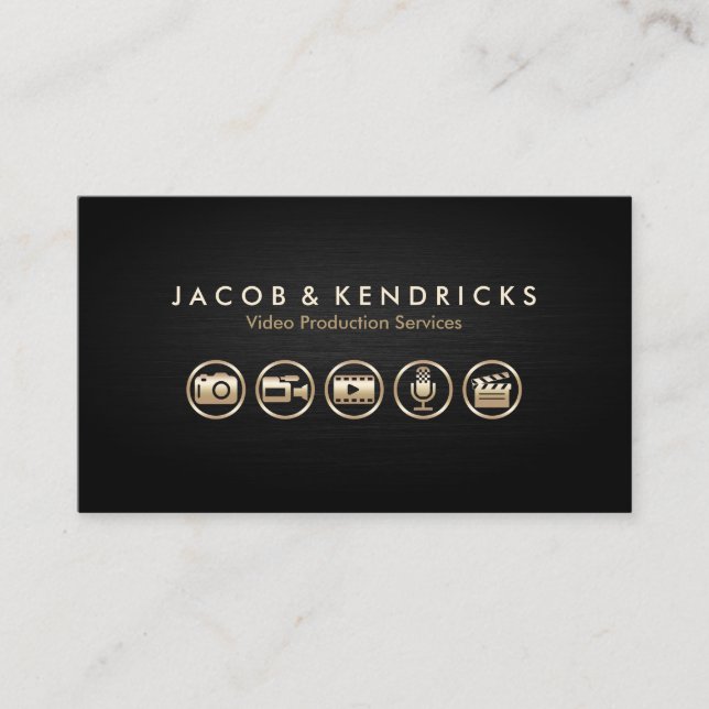 Video Production Services Gold Icons Black Metal Business Card (Front)