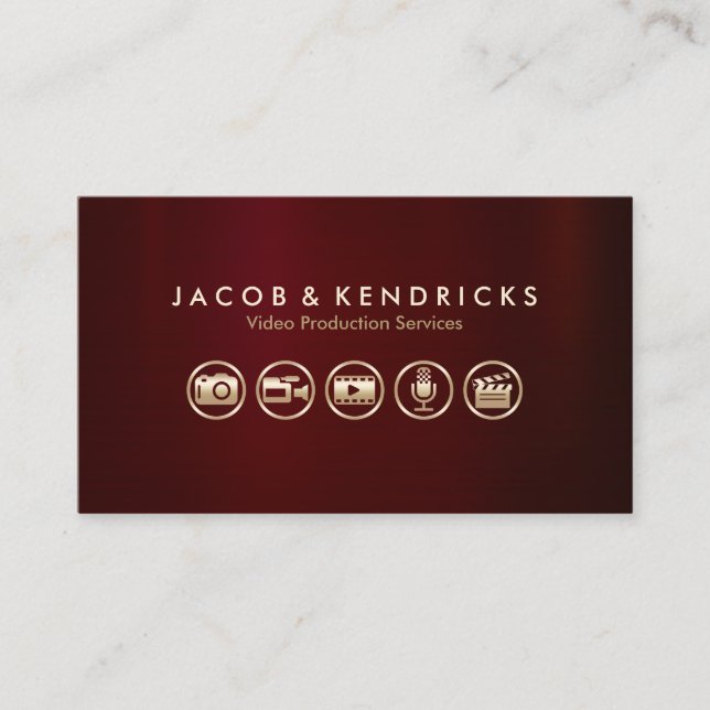 Video Production Services Gold Icons Red Metal Business Card (Front)