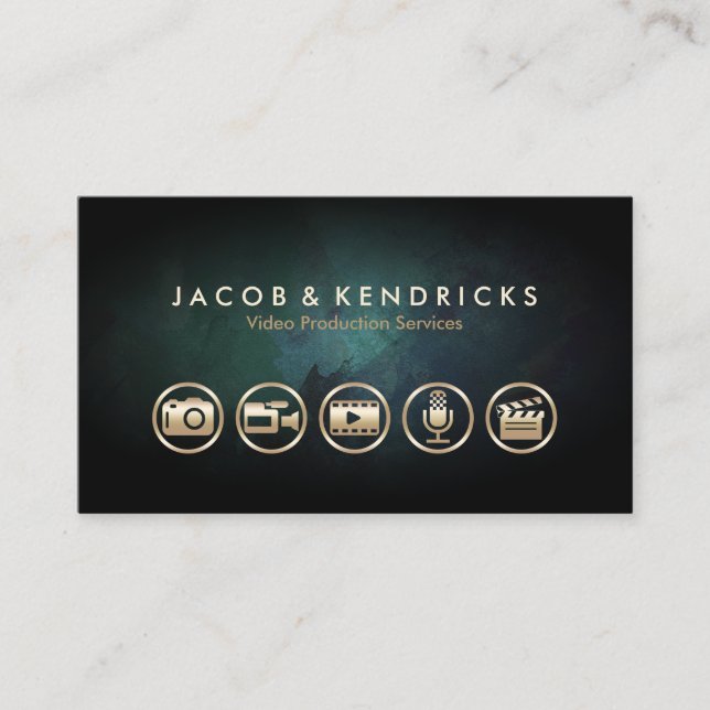 Video Production Services Gold Icons Teal Grunge Business Card (Front)