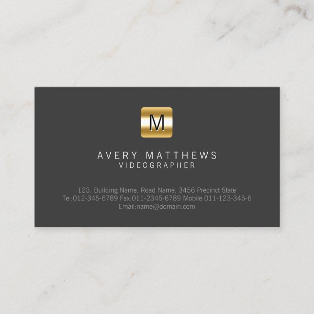 Videographer Visual Arts Media Black Gold Monogram Business Card (Front)