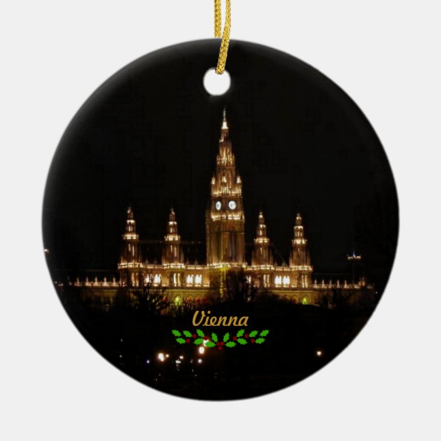 Vienna at Night with Christmas holly Ceramic Tree Decoration (Front)