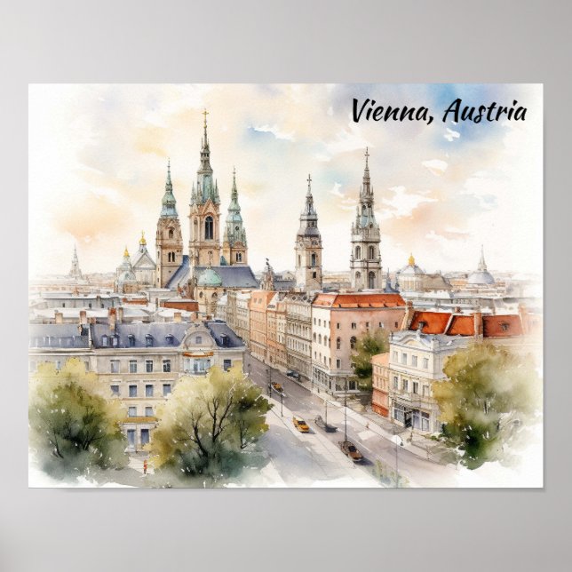 Vienna Austria Panorama View Watercolor Painting Poster (Front)