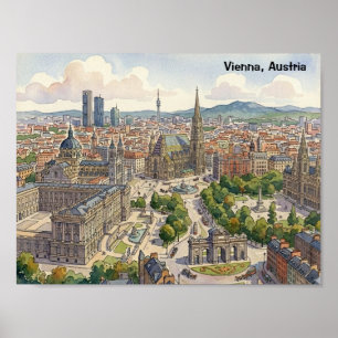 Vienna Austria Watercolor Cityscape Illustration Poster