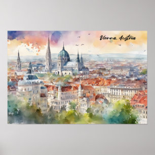 Vienna Austria Watercolor Painting Panorama View Poster