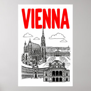 Vienna Cityscape Poster, Red Text, Black Line Poster