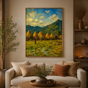 Vietnam Countryside Oil Painting, Golden Rice Fiel Canvas Print
