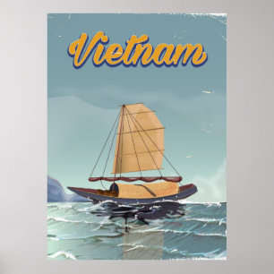 Vietnam fishing boat vintage travel poster