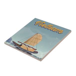 Vietnam fishing boat vintage travel poster tile