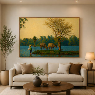 Vietnam Floating Season Water Buffalo Oil Painting Poster