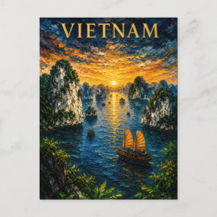 Vietnam: Golden Sunset Halong Bay Art Souvenir Postcard