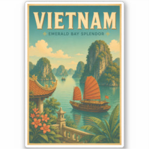 Vietnam Ha Long Bay Illustration Travel Art Retro