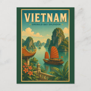Vietnam Ha Long Bay Illustration Travel Art Retro Postcard